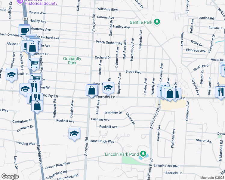 map of restaurants, bars, coffee shops, grocery stores, and more near 600 East Drive in Dayton