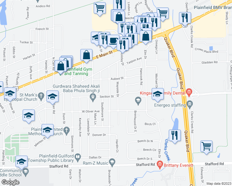 map of restaurants, bars, coffee shops, grocery stores, and more near 336 Wayside Drive in Plainfield
