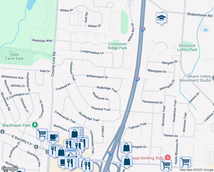map of restaurants, bars, coffee shops, grocery stores, and more near 4409 Walbridge Trail in Beavercreek