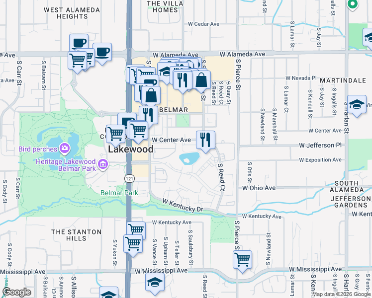 map of restaurants, bars, coffee shops, grocery stores, and more near 679 South Reed Court in Lakewood