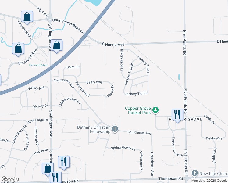 map of restaurants, bars, coffee shops, grocery stores, and more near 4318 Vestry Place in Indianapolis