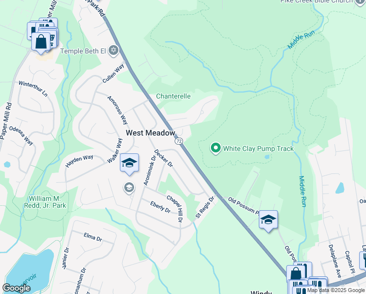 map of restaurants, bars, coffee shops, grocery stores, and more near Possum Park Road in New Castle County