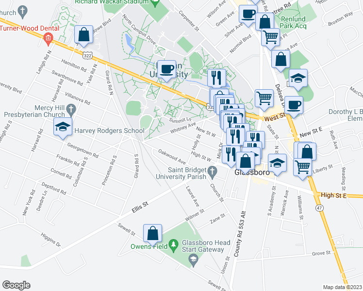 map of restaurants, bars, coffee shops, grocery stores, and more near 411 High Street West in Glassboro
