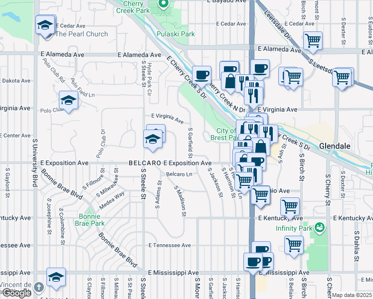 map of restaurants, bars, coffee shops, grocery stores, and more near 556 South Garfield Street in Denver