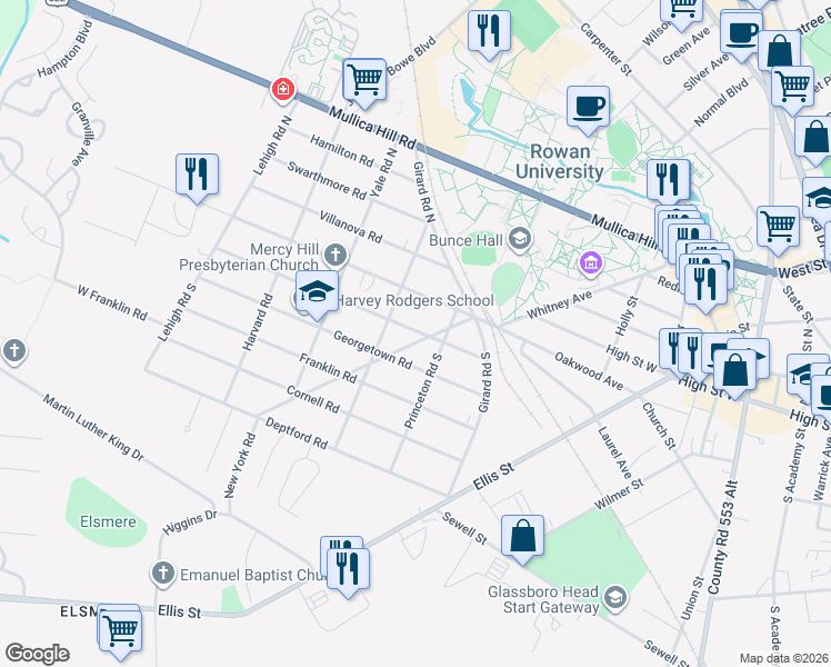 map of restaurants, bars, coffee shops, grocery stores, and more near 107 Dickinson Road in Glassboro