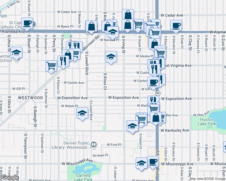 map of restaurants, bars, coffee shops, grocery stores, and more near 3413 West Gill Place in Denver