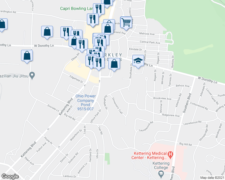 map of restaurants, bars, coffee shops, grocery stores, and more near 3265 Southdale Drive in Kettering