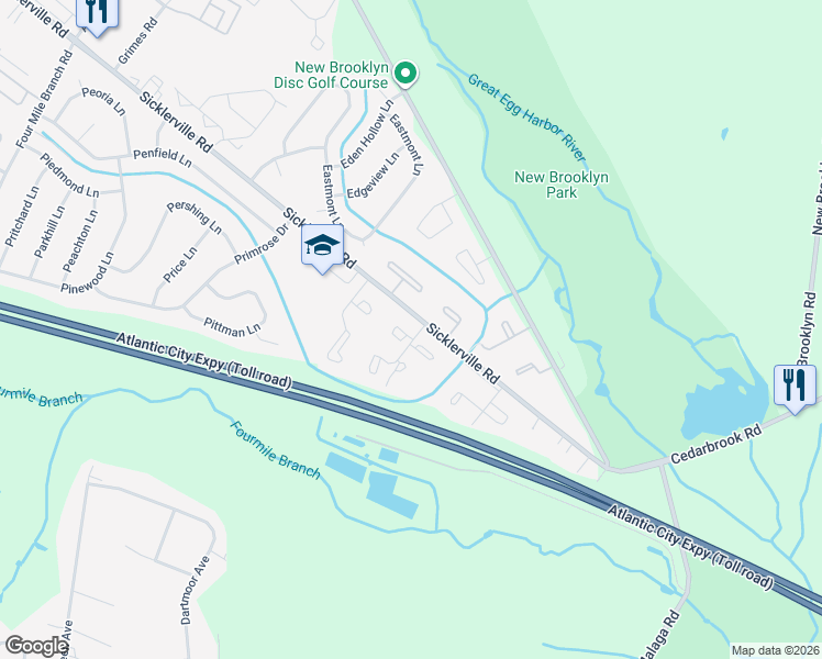 map of restaurants, bars, coffee shops, grocery stores, and more near 32 Milstone Court in Sicklerville