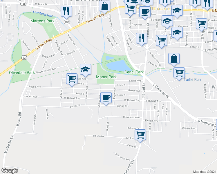 map of restaurants, bars, coffee shops, grocery stores, and more near 421 Reese Avenue in Lancaster