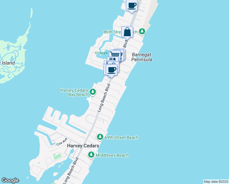 map of restaurants, bars, coffee shops, grocery stores, and more near 12 East 77th Street in Harvey Cedars