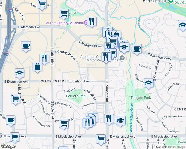 map of restaurants, bars, coffee shops, grocery stores, and more near 642 South Fairplay Street in Aurora