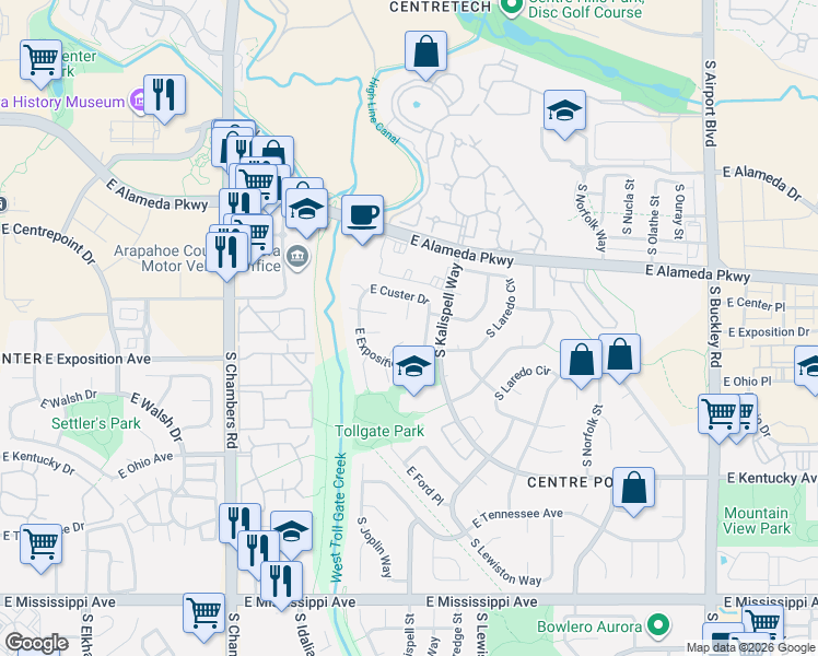 map of restaurants, bars, coffee shops, grocery stores, and more near 15776 East Center Avenue in Aurora