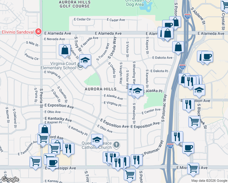 map of restaurants, bars, coffee shops, grocery stores, and more near 13131 East Alaska Place in Aurora