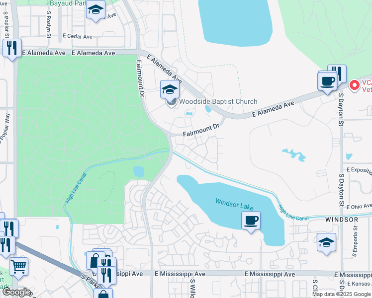 map of restaurants, bars, coffee shops, grocery stores, and more near 8300 Fairmount Drive in Denver