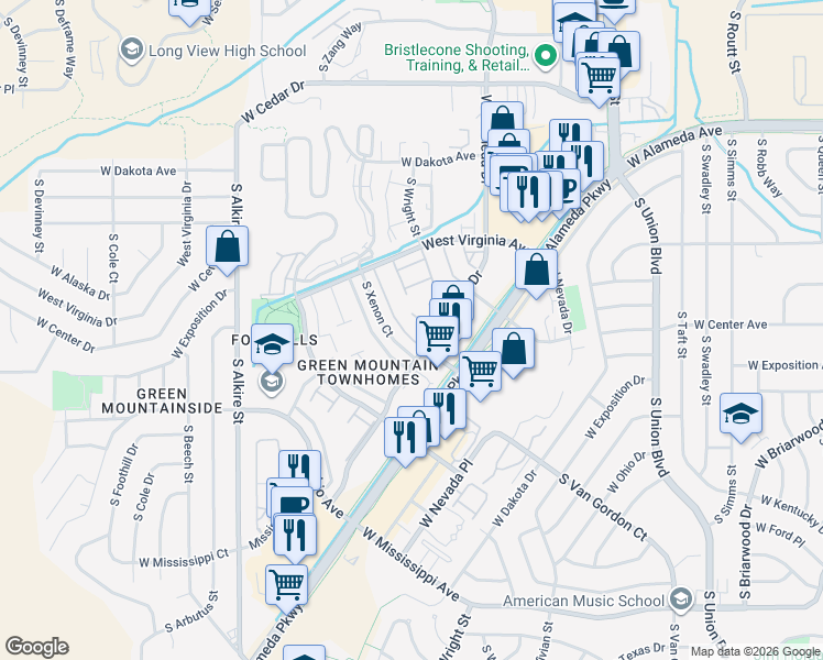 map of restaurants, bars, coffee shops, grocery stores, and more near 622 South Xenon Court in Lakewood