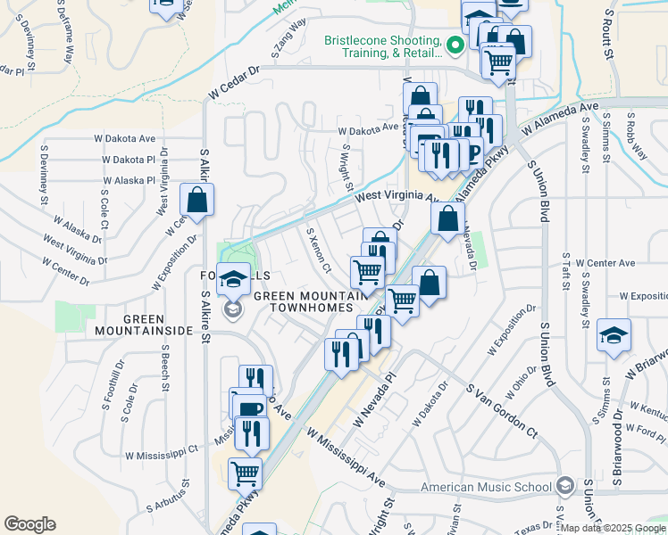 map of restaurants, bars, coffee shops, grocery stores, and more near 622 South Xenon Court in Lakewood