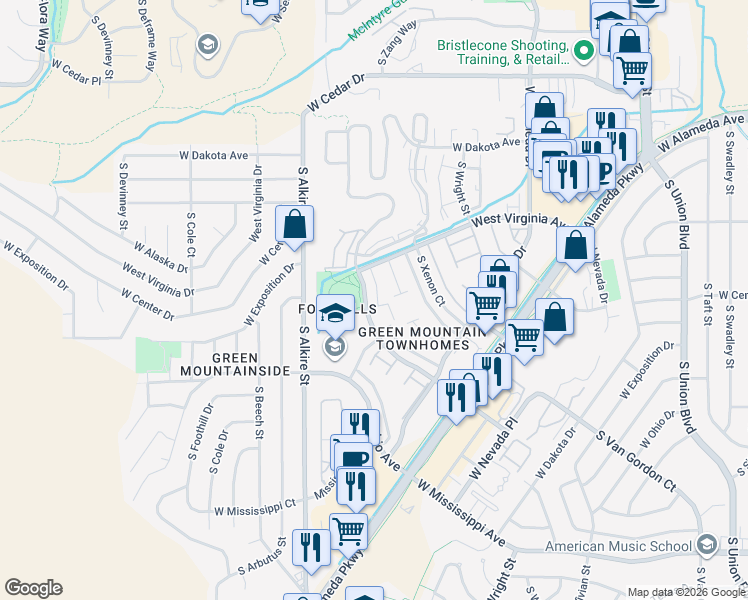 map of restaurants, bars, coffee shops, grocery stores, and more near 606 South Youngfield Court in Lakewood