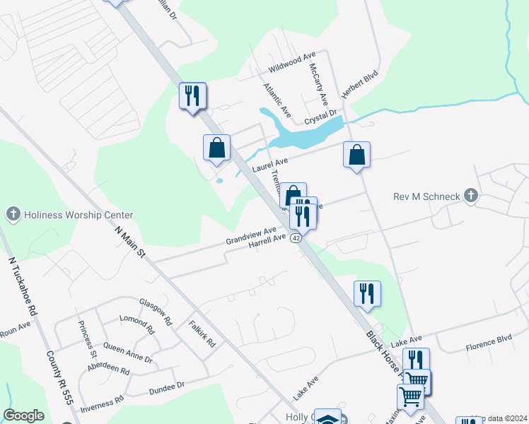 map of restaurants, bars, coffee shops, grocery stores, and more near 1331 North Black Horse Pike in Monroe Township