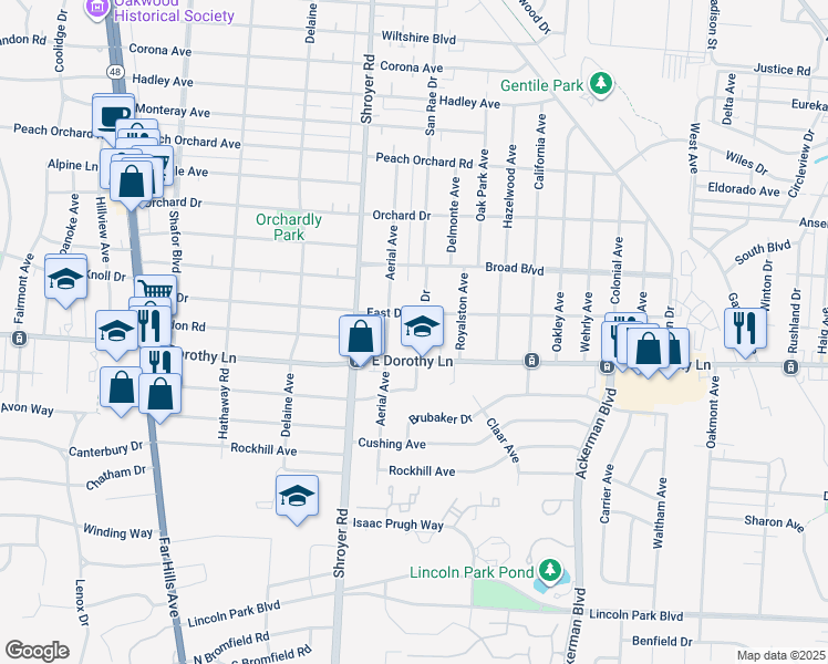 map of restaurants, bars, coffee shops, grocery stores, and more near 558 East Drive in Dayton