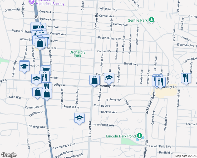 map of restaurants, bars, coffee shops, grocery stores, and more near 2812 Shroyer Road in Dayton