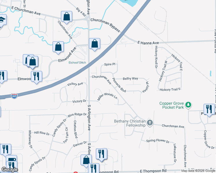 map of restaurants, bars, coffee shops, grocery stores, and more near 6127 Churchman Avenue in Indianapolis