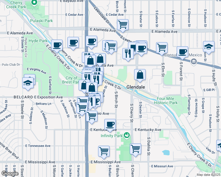 map of restaurants, bars, coffee shops, grocery stores, and more near 4300 East Cherry Creek South Drive in Glendale