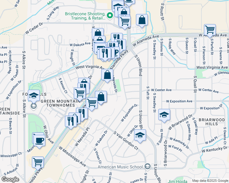 map of restaurants, bars, coffee shops, grocery stores, and more near 12145 West Nevada Drive in Lakewood