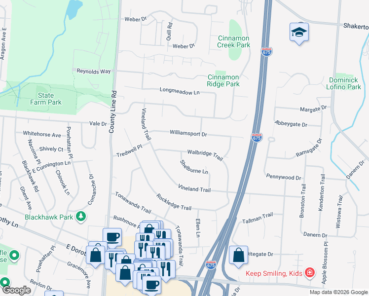 map of restaurants, bars, coffee shops, grocery stores, and more near 4303 Walbridge Trail in Beavercreek