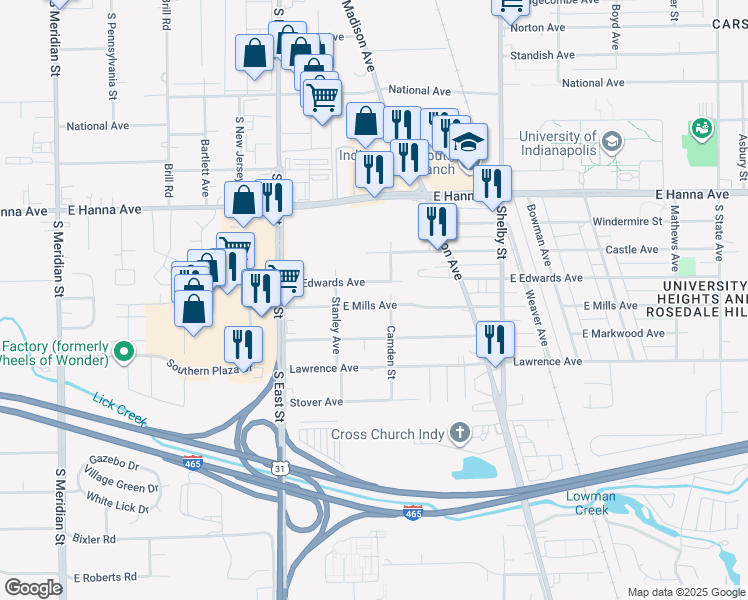 map of restaurants, bars, coffee shops, grocery stores, and more near 836 East Mills Avenue in Indianapolis