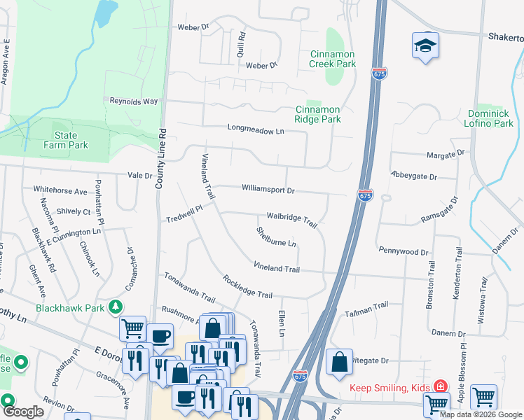 map of restaurants, bars, coffee shops, grocery stores, and more near 4303 Walbridge Trail in Beavercreek