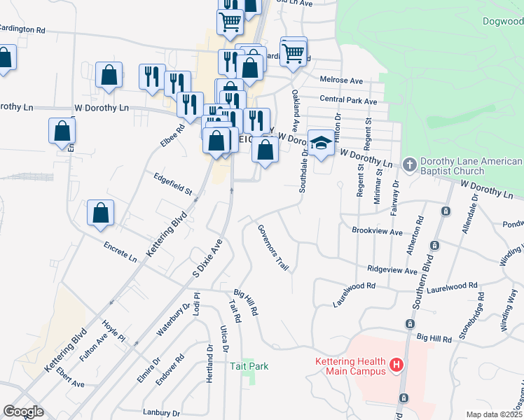 map of restaurants, bars, coffee shops, grocery stores, and more near 3265 Southdale Drive in Kettering