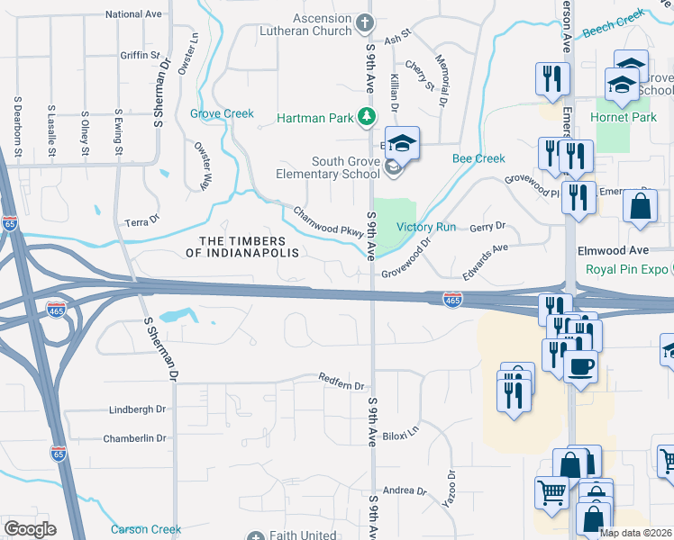 map of restaurants, bars, coffee shops, grocery stores, and more near 1023 Evening Shade Circle in Beech Grove