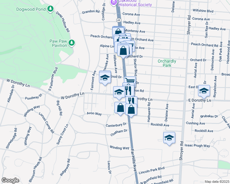 map of restaurants, bars, coffee shops, grocery stores, and more near 135 West Dorothy Lane in Dayton