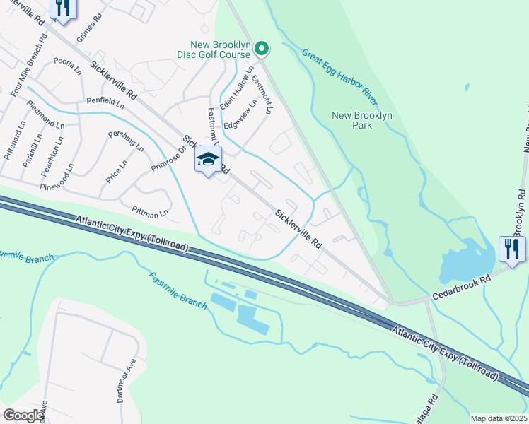 map of restaurants, bars, coffee shops, grocery stores, and more near 32 Milstone Court in Sicklerville