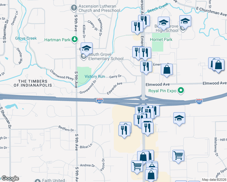 map of restaurants, bars, coffee shops, grocery stores, and more near 416 Ada Lane in Beech Grove