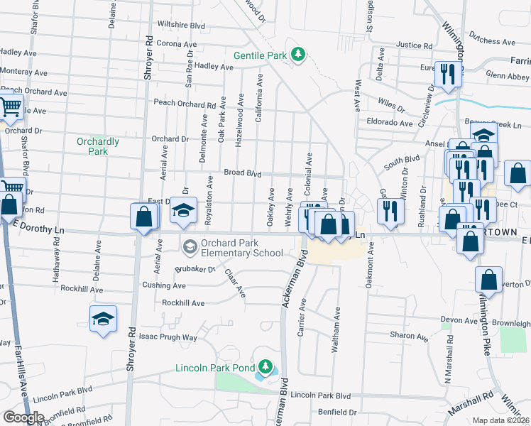 map of restaurants, bars, coffee shops, grocery stores, and more near 2909 Oakley Avenue in Dayton