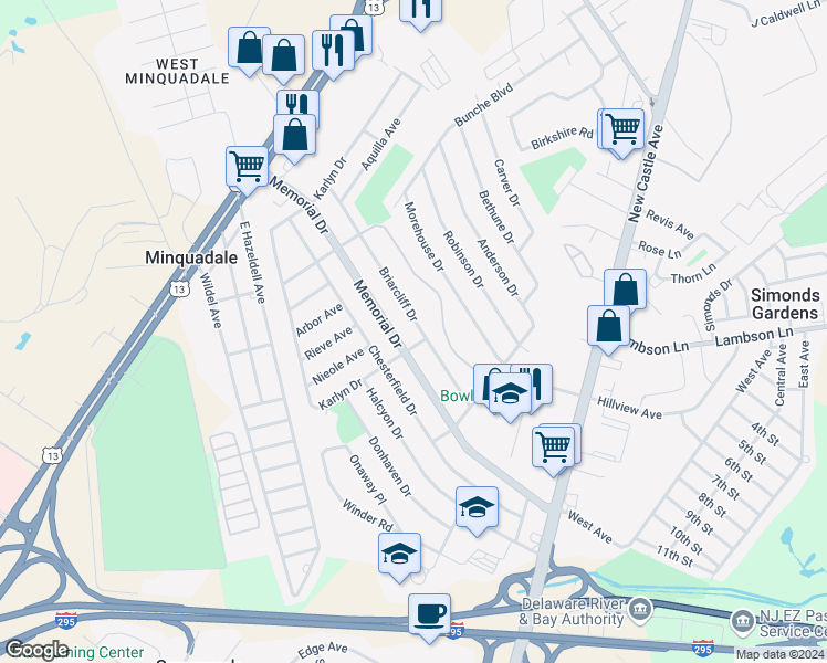 map of restaurants, bars, coffee shops, grocery stores, and more near 28 Briarcliff Drive in New Castle