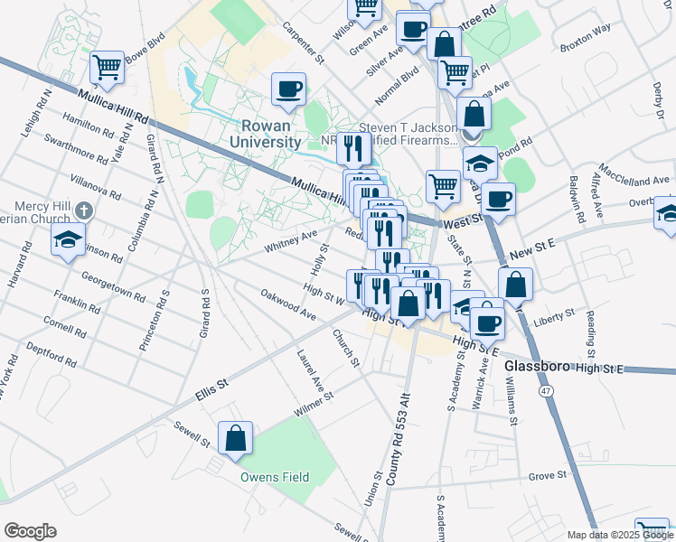 map of restaurants, bars, coffee shops, grocery stores, and more near 313 Victoria Street in Glassboro