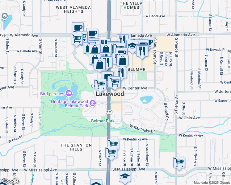map of restaurants, bars, coffee shops, grocery stores, and more near in Lakewood