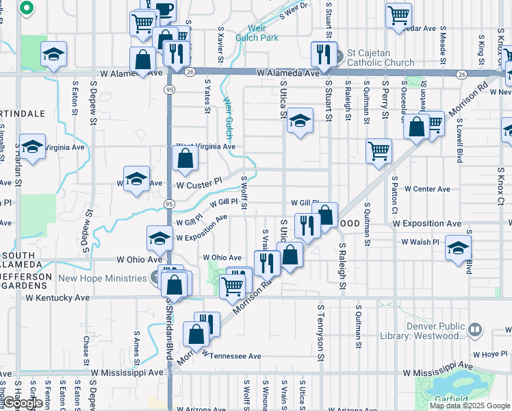 map of restaurants, bars, coffee shops, grocery stores, and more near 4656 West Gill Place in Denver