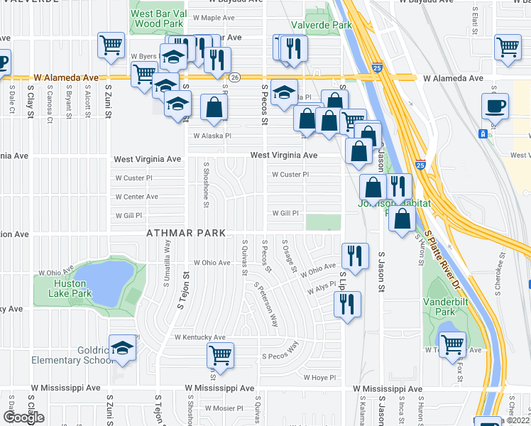 map of restaurants, bars, coffee shops, grocery stores, and more near South Pecos Street & West Gill Place in Denver