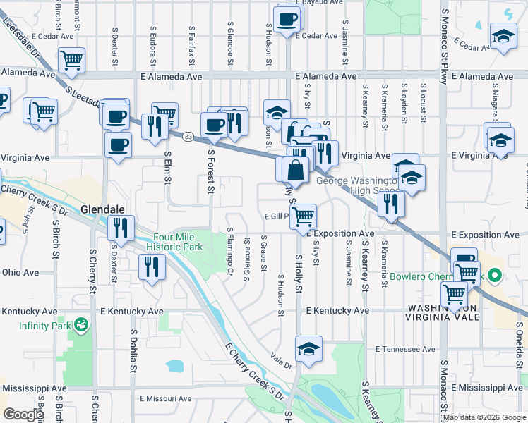 map of restaurants, bars, coffee shops, grocery stores, and more near 5421 East Gill Place in Denver