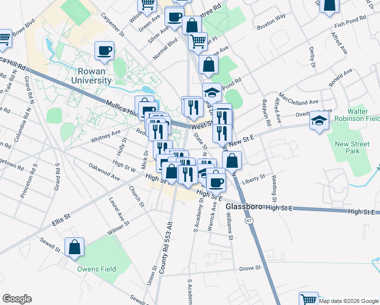 map of restaurants, bars, coffee shops, grocery stores, and more near 4 New Street East in Glassboro