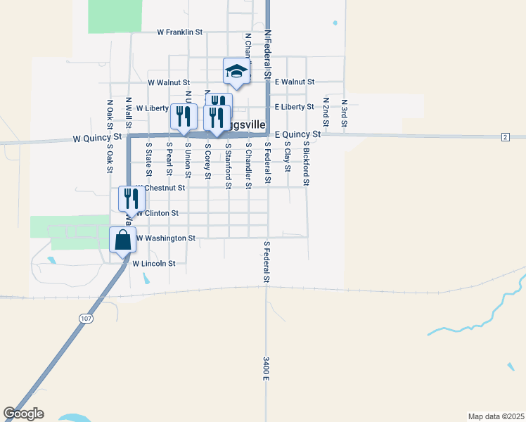 map of restaurants, bars, coffee shops, grocery stores, and more near 349 South Federal Street in Griggsville
