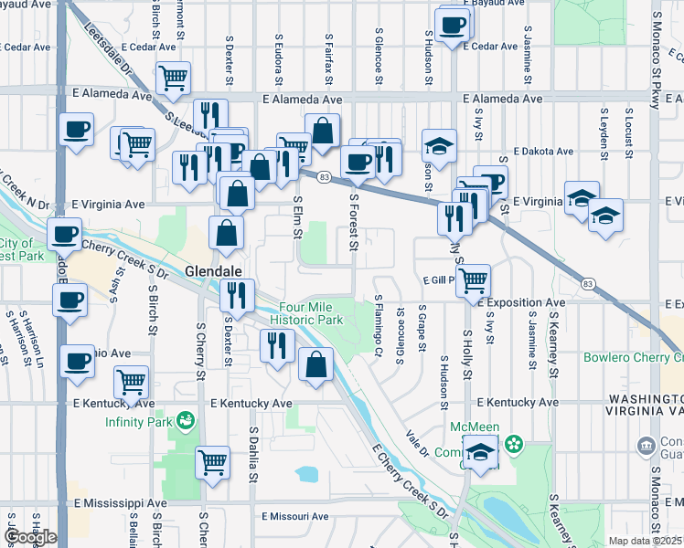 map of restaurants, bars, coffee shops, grocery stores, and more near 601 South Forest Street in Denver