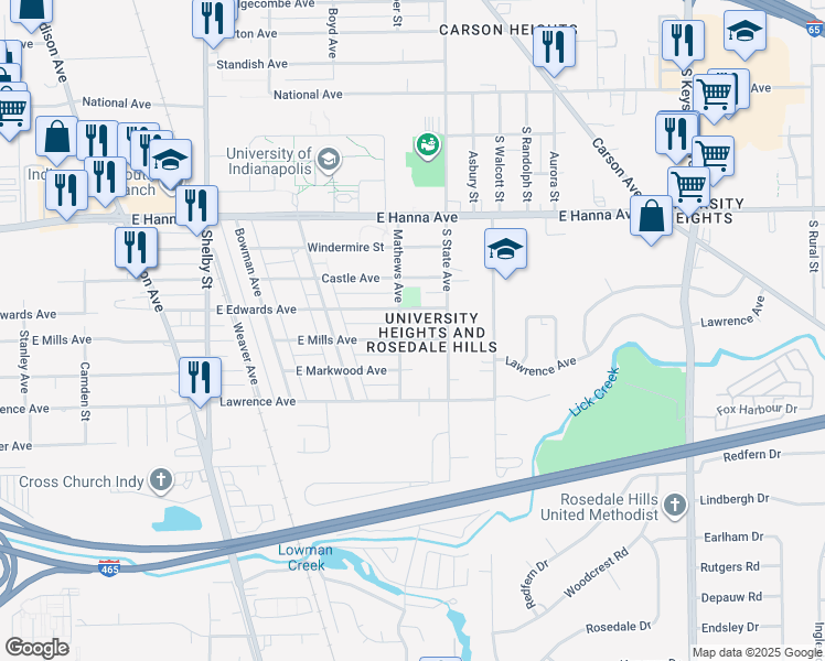 map of restaurants, bars, coffee shops, grocery stores, and more near 1610 E Mills Ave in Indianapolis