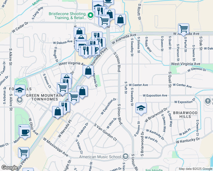 map of restaurants, bars, coffee shops, grocery stores, and more near 12099 West Center Avenue in Lakewood