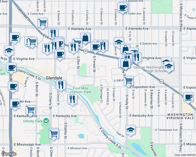map of restaurants, bars, coffee shops, grocery stores, and more near 540 South Forest Street in Denver