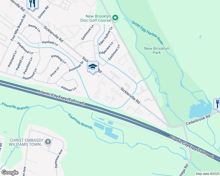 map of restaurants, bars, coffee shops, grocery stores, and more near 20 Medford Court in Sicklerville