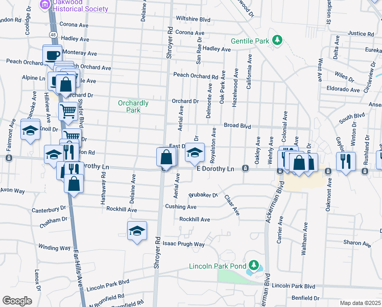 map of restaurants, bars, coffee shops, grocery stores, and more near 558 East Drive in Dayton